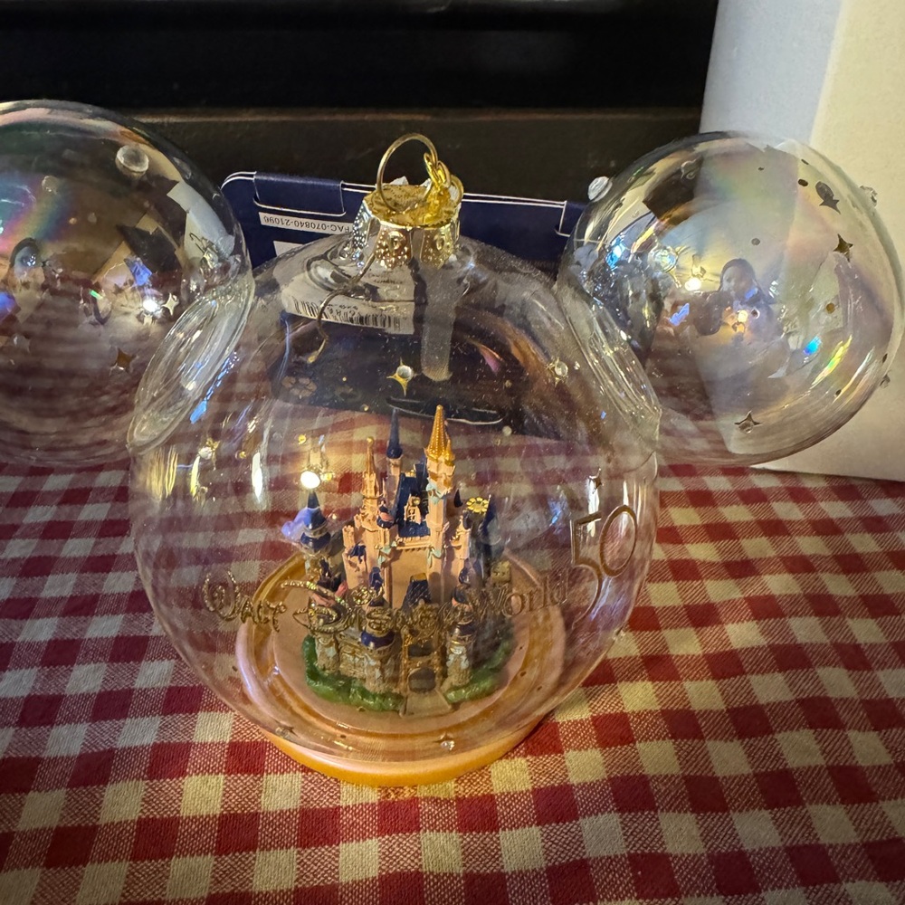 Walt Disney World 50th Anniversary Castle Mickey Ears Icon Glass Ornament NWT